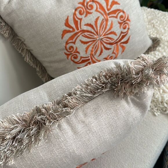 Custom-made Fringed Embroidered Decorative Accent Pillow’s (2) 22”x22” - Picture 3 of 5